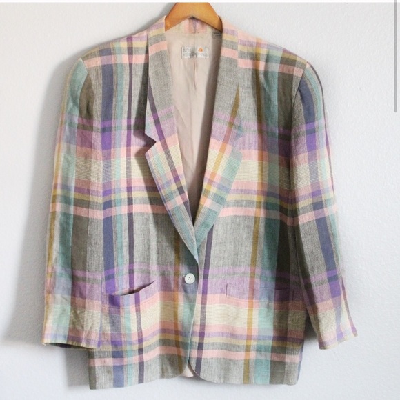 Vintage Jackets & Blazers - Vintage Liz Claiborne Pastel Plaid Linen Blazer 12